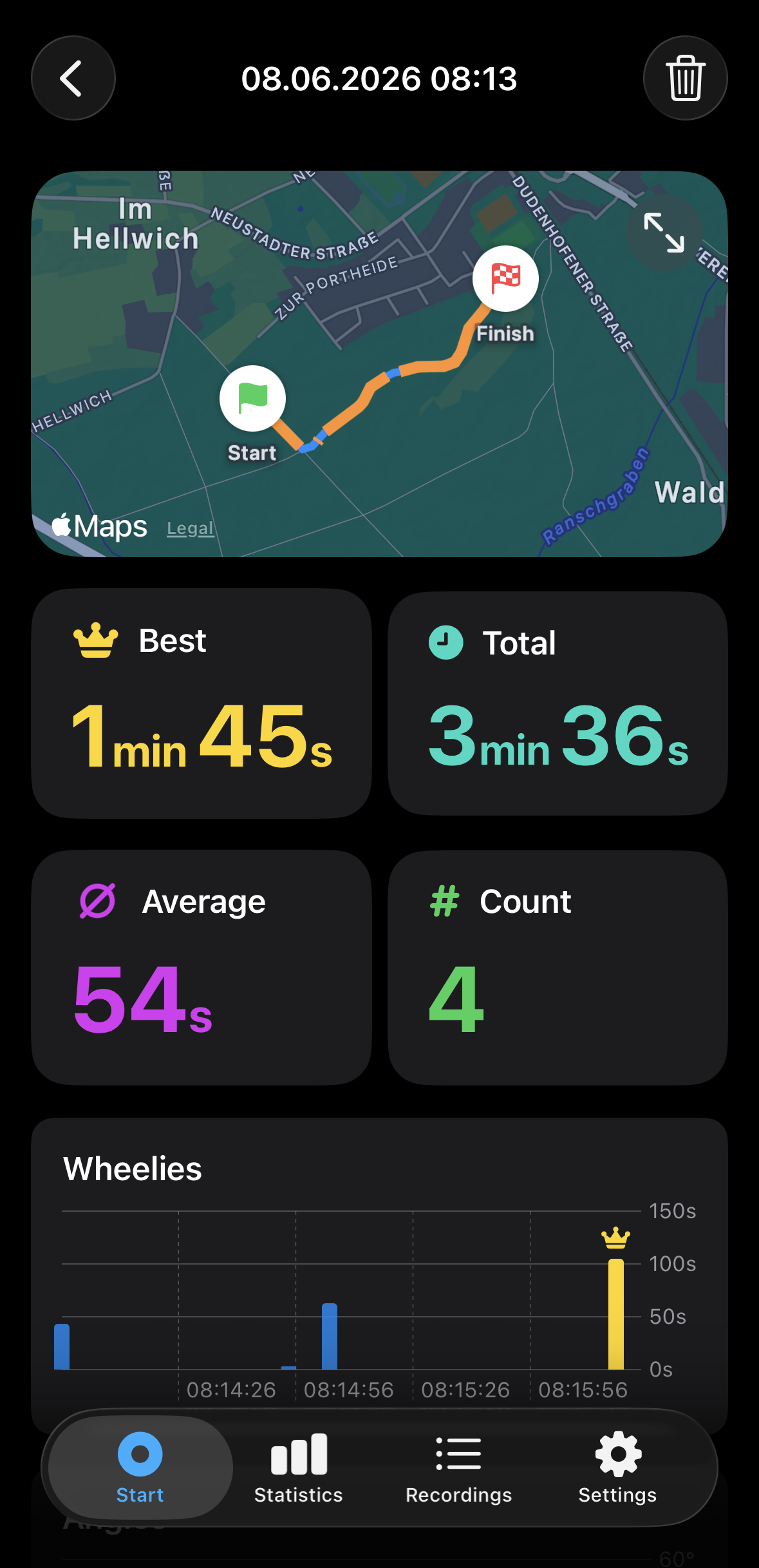 My Wheelie Tracker showing a live route on the map
