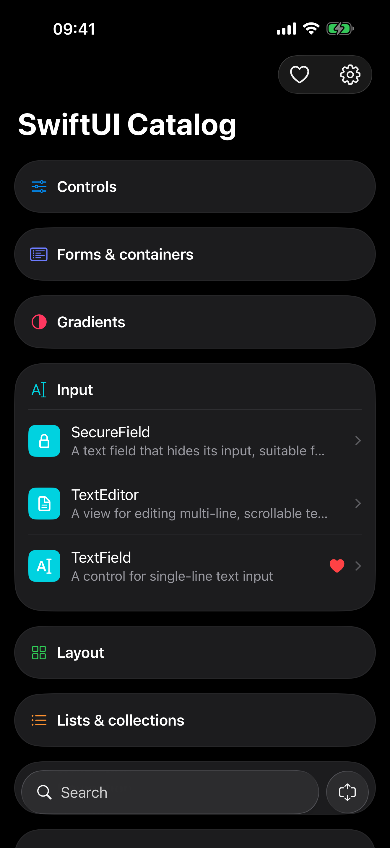 Component list grouped by category with live search